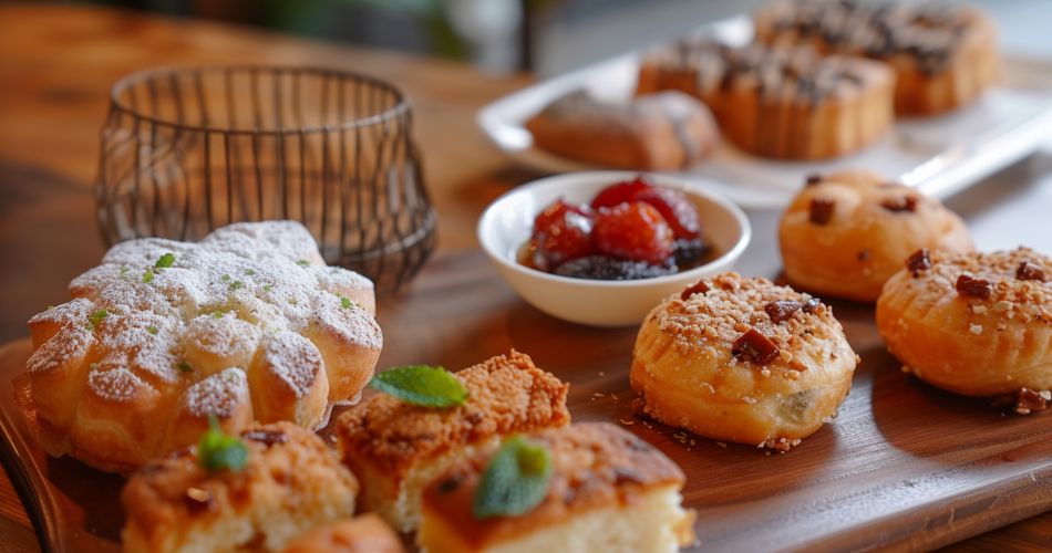 Selection of Goan sweet treats and freshly baked breads on a table, showcasing Goa’s culinary diversity.