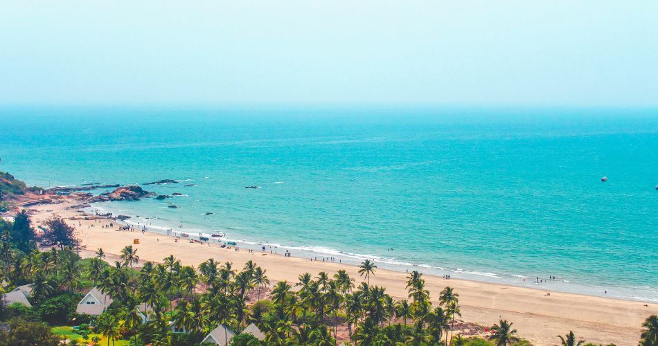 An aerial view of less crowded beach in Goa during the month of March